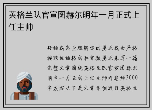 英格兰队官宣图赫尔明年一月正式上任主帅